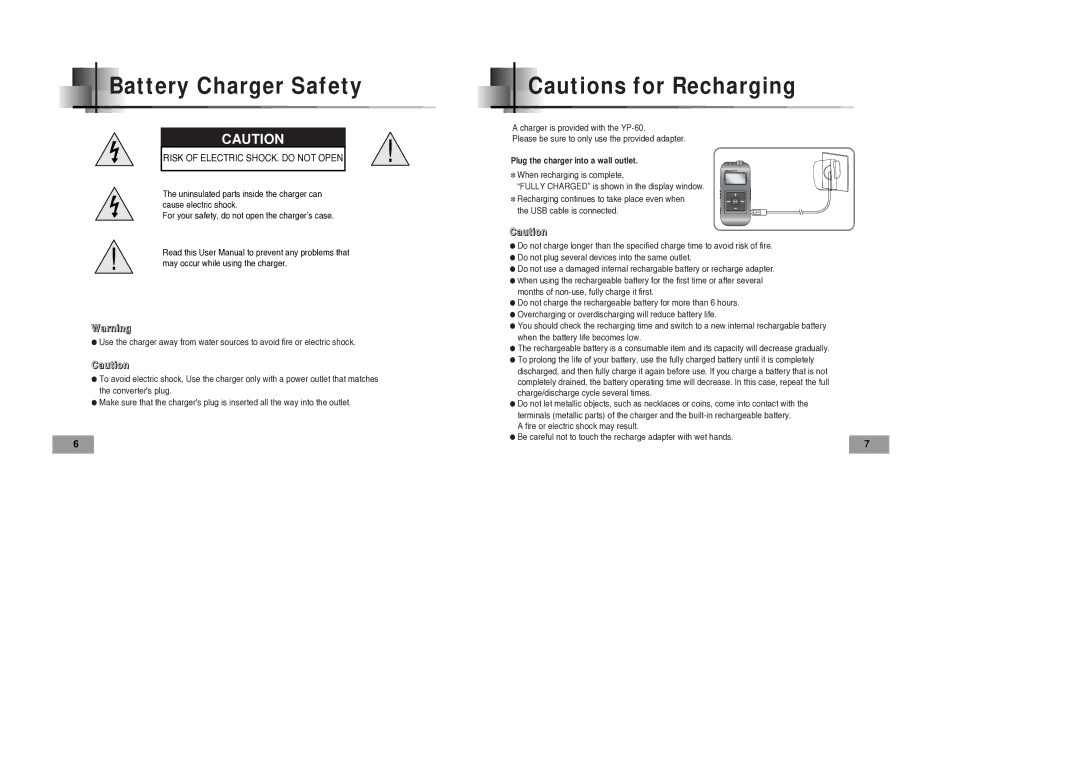 Samsung YP-60V manual Battery Charger Safety, Risk of Electric SHOCK. do not Open 