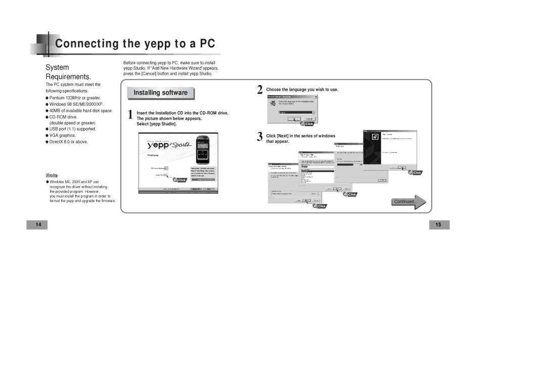 Samsung YP-60V manual Connecting the yepp to a PC, Installing software 