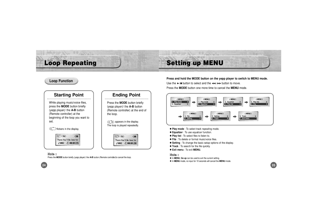 Samsung YP-700 manual Loop Repeating, Setting up Menu, Loop Function, Use Tton to select, Files 