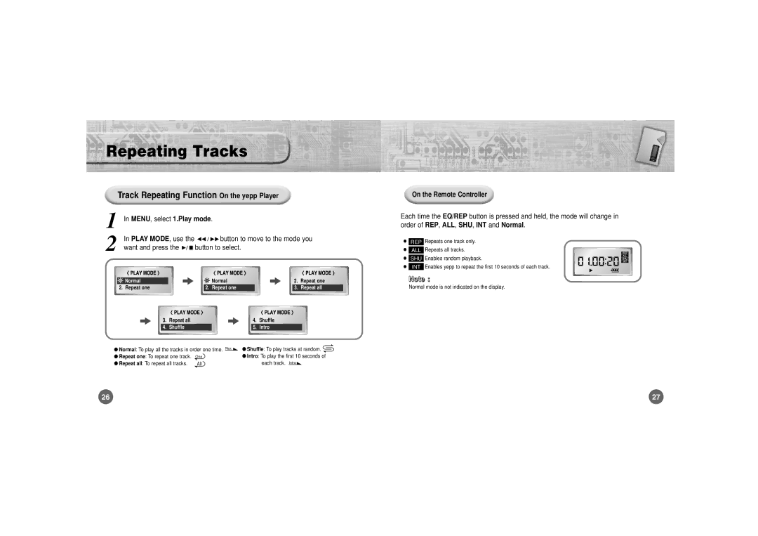 Samsung YP-700 manual Repeating Tracks, Track Repeating Function On the yepp Player, Use, On the Remote Controller 