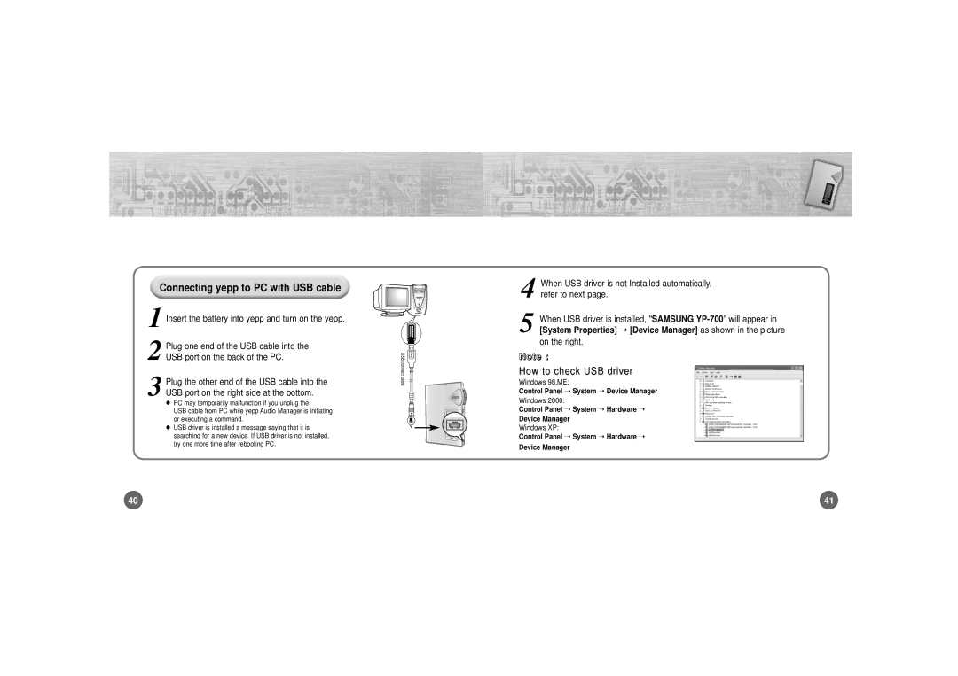 Samsung YP-700 manual Connecting yepp to PC with USB cable, NN oo ttee, Insert the battery into yepp and turn on the yepp 