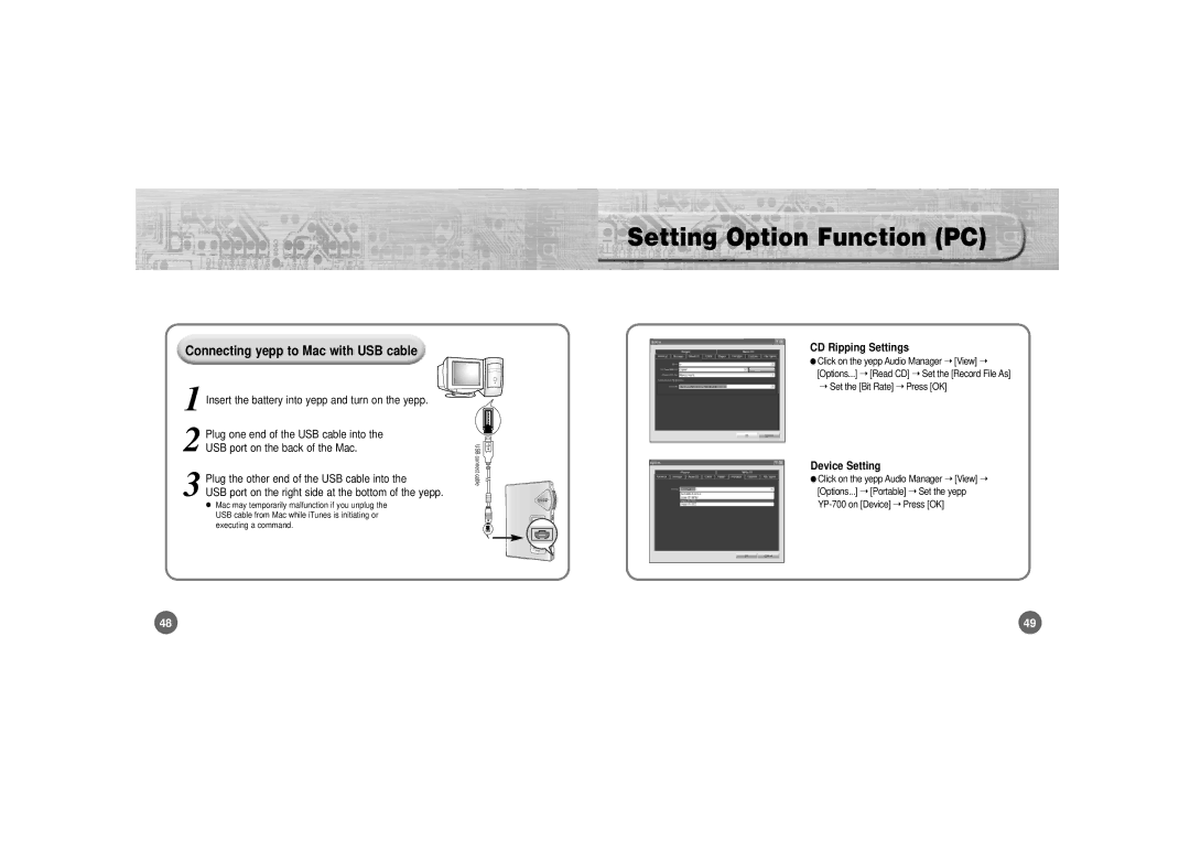 Samsung YP-700 manual Setting Option Function PC, Connecting yepp to Mac with USB cable, Into, CD Ripping Settings 