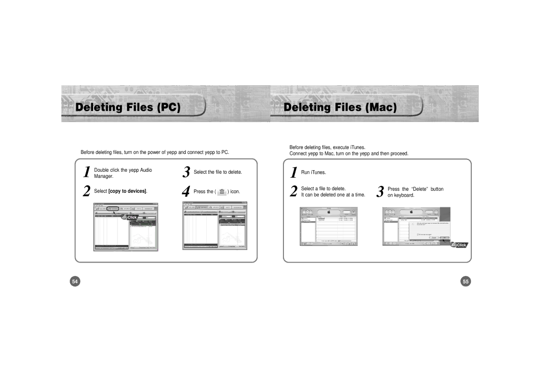 Samsung YP-700 manual Deleting Files PC, Deleting Files Mac, Manager, On keyboard, Copy to devices 