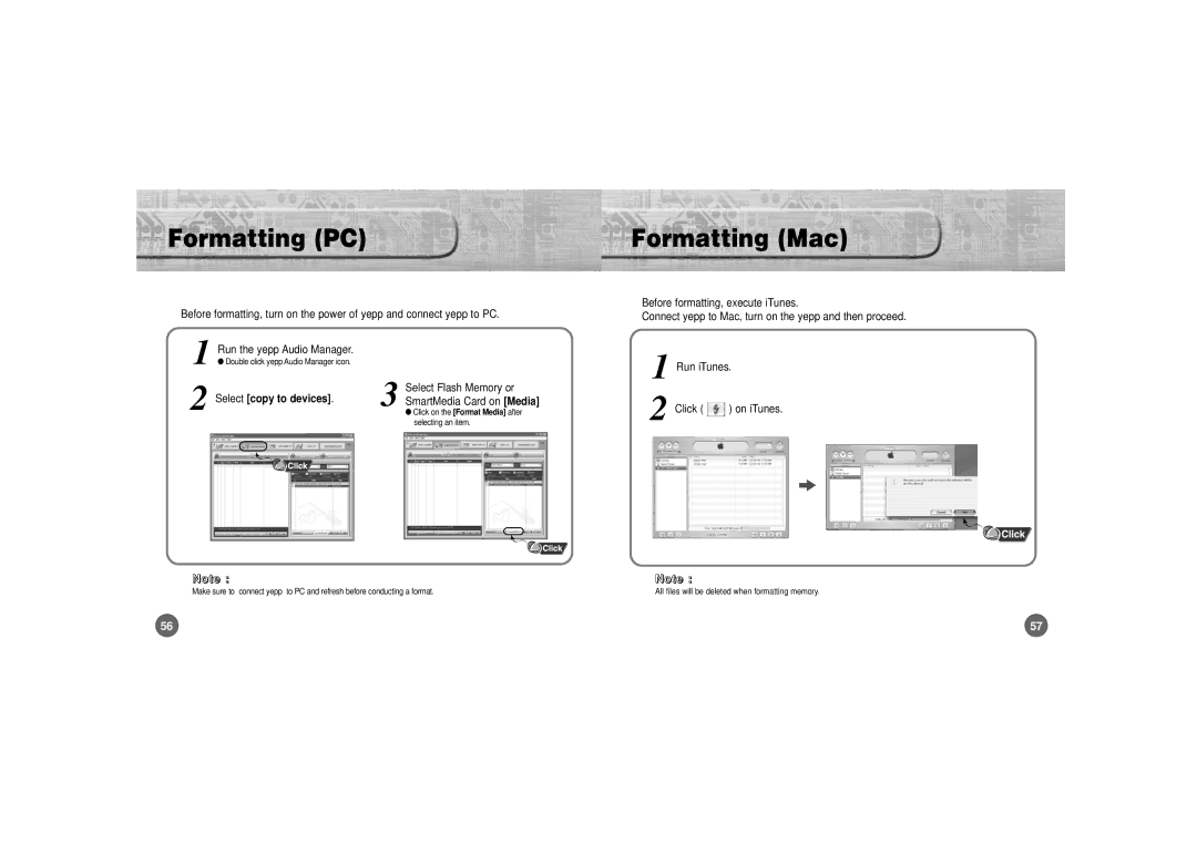 Samsung YP-700 manual Formatting PC, Formatting Mac, Click, SmartMedia Card on 