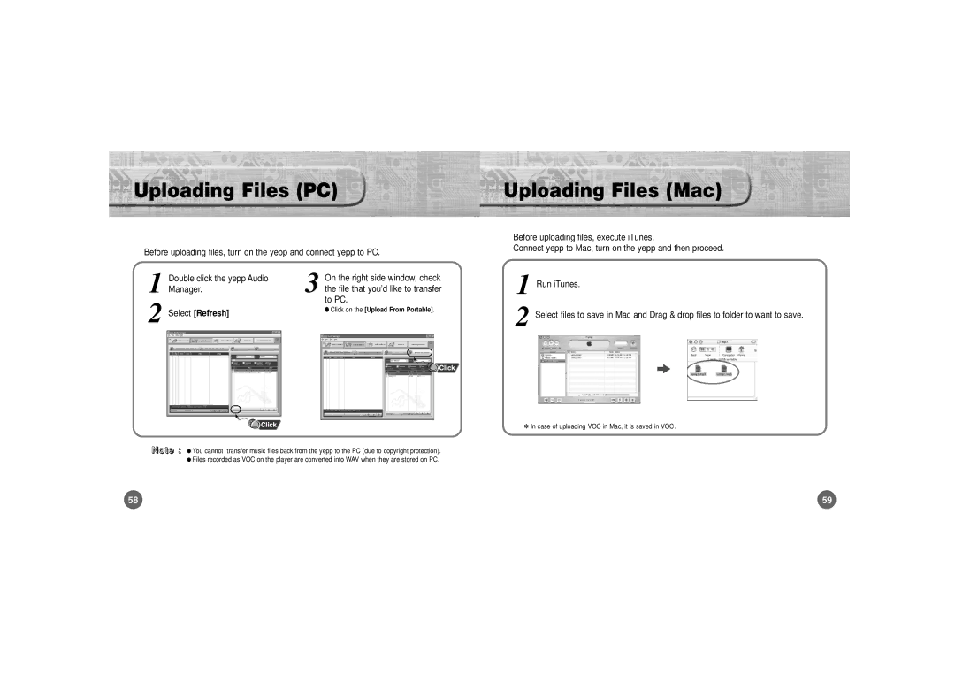 Samsung YP-700 Uploading Files PC Uploading Files Mac, Before uploading files, execute iTunes, Double click the yepp Audio 