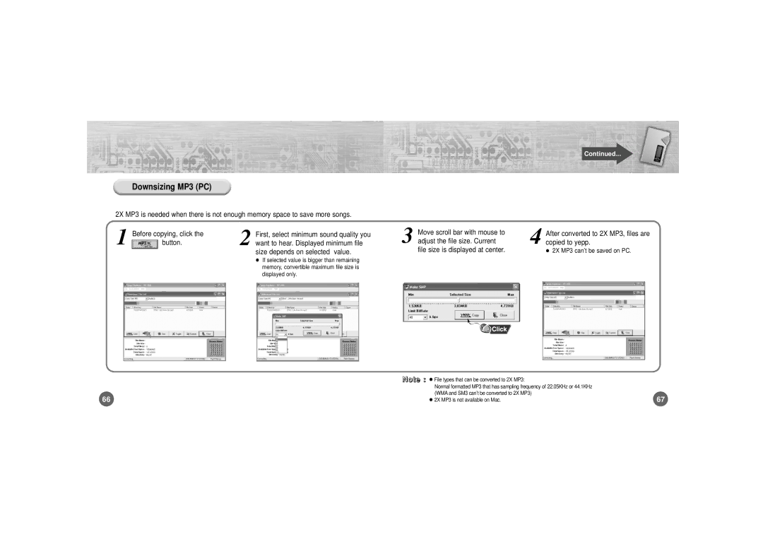 Samsung YP-700 Downsizing MP3 PC, Size depends on selected value, Bar with mouse to, File size. Current Copied to yepp 