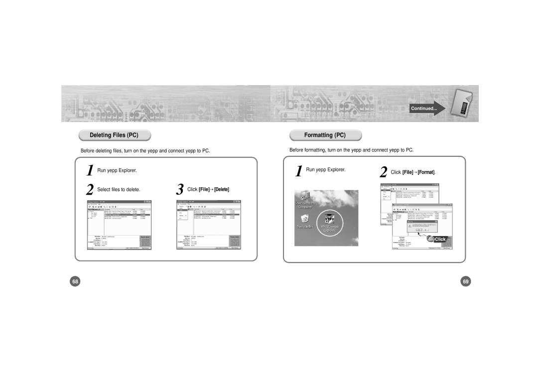 Samsung YP-700 manual Deleting Files PC Formatting PC, Run yepp Explorer, Select files to delete, Click File Format 