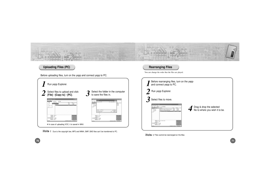 Samsung YP-700 Uploading Files PC, Rearranging Files, To save the files, File Copy to, Select files to upload and click 