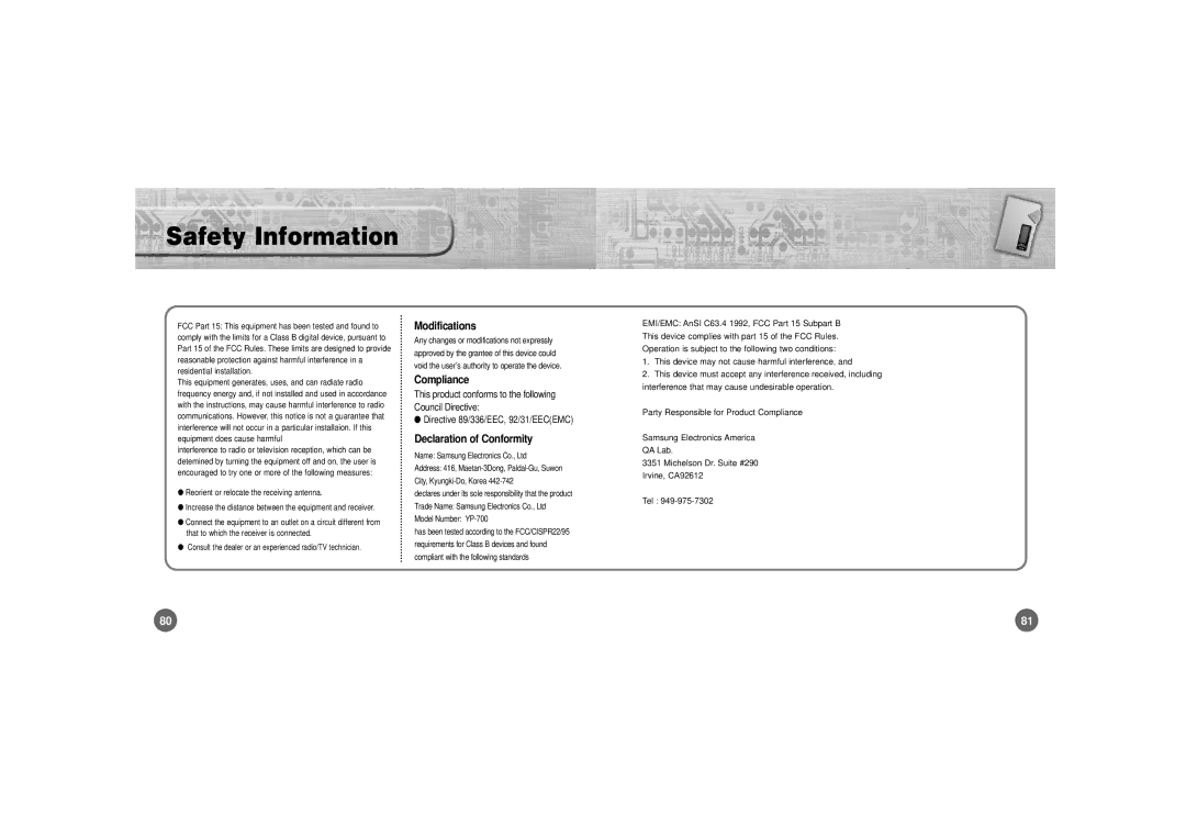 Samsung YP-700 manual Safety Information, Modifications, Compliance, Declaration of Conformity 