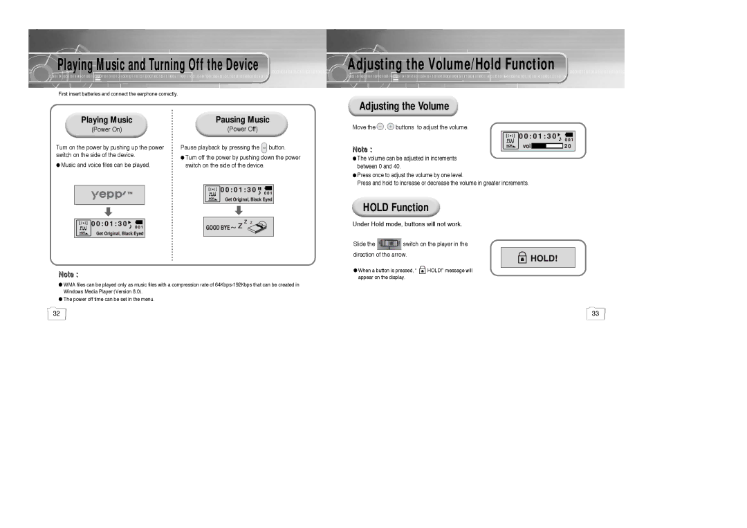 Samsung 20051027153106109, YP-780, AH68-01510S manual Adjusting the Volume/Hold Function 