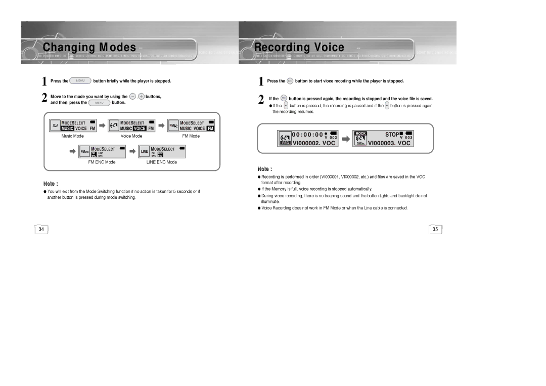 Samsung YP-780, AH68-01510S, 20051027153106109 manual Changing Modes, Recording Voice 