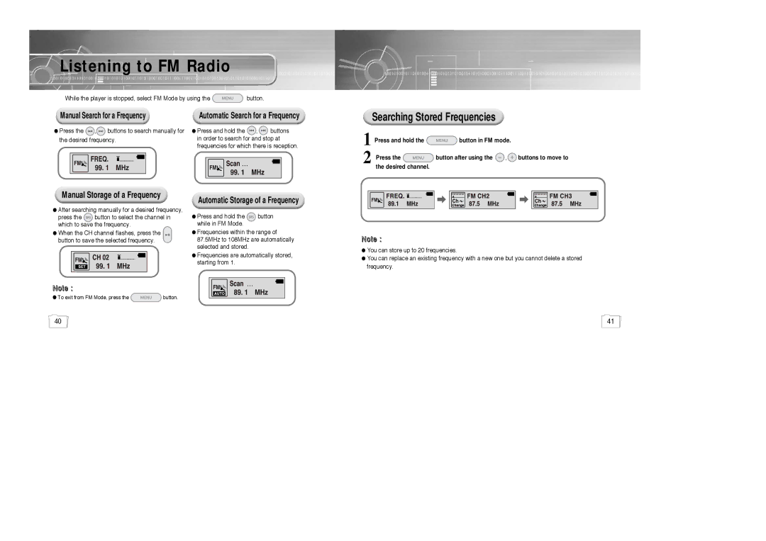 Samsung YP-780, AH68-01510S, 20051027153106109 manual Listening to FM Radio, Manual Storage of a Frequency 