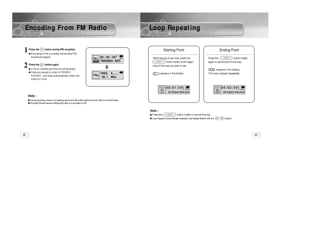 Samsung AH68-01510S, YP-780, 20051027153106109 manual Encoding From FM Radio, Loop Repeating 