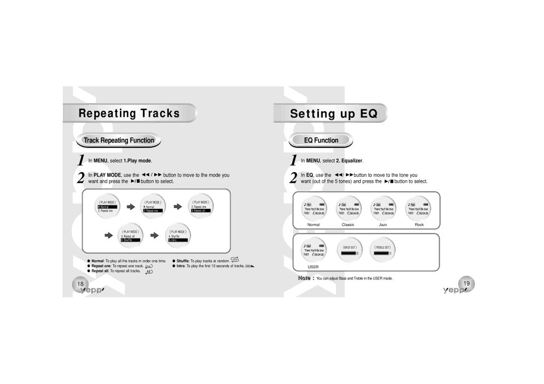 Samsung YP-90H, YP-90S manual Setting up EQ, Repeating Tracks, Track Repeating Function, EQ Function 