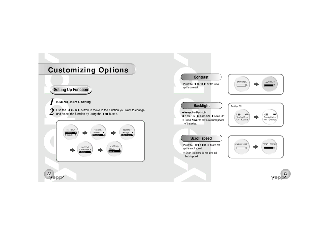 Samsung YP-90H, YP-90S manual Customizing Options, Setting Up Function, Contrast, Backlight, Scroll speed 