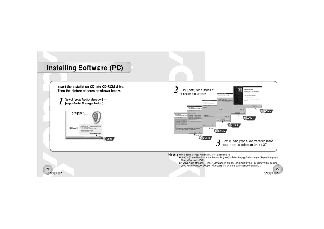 Samsung YP-90H, YP-90S manual Installing Software PC, Click Next for a series Windows that appear 