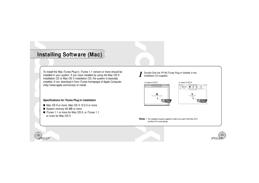 Samsung YP-90S, YP-90H manual Installing Software Mac, Case of OS 