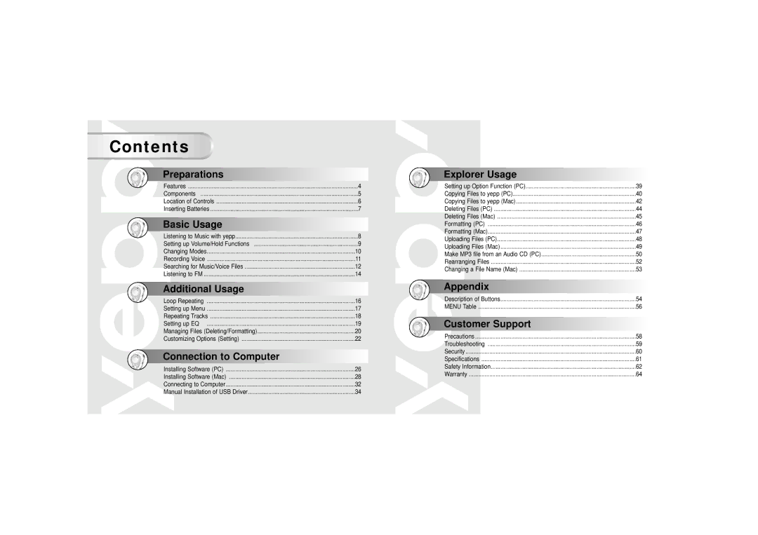 Samsung YP-90H, YP-90S manual Contents 