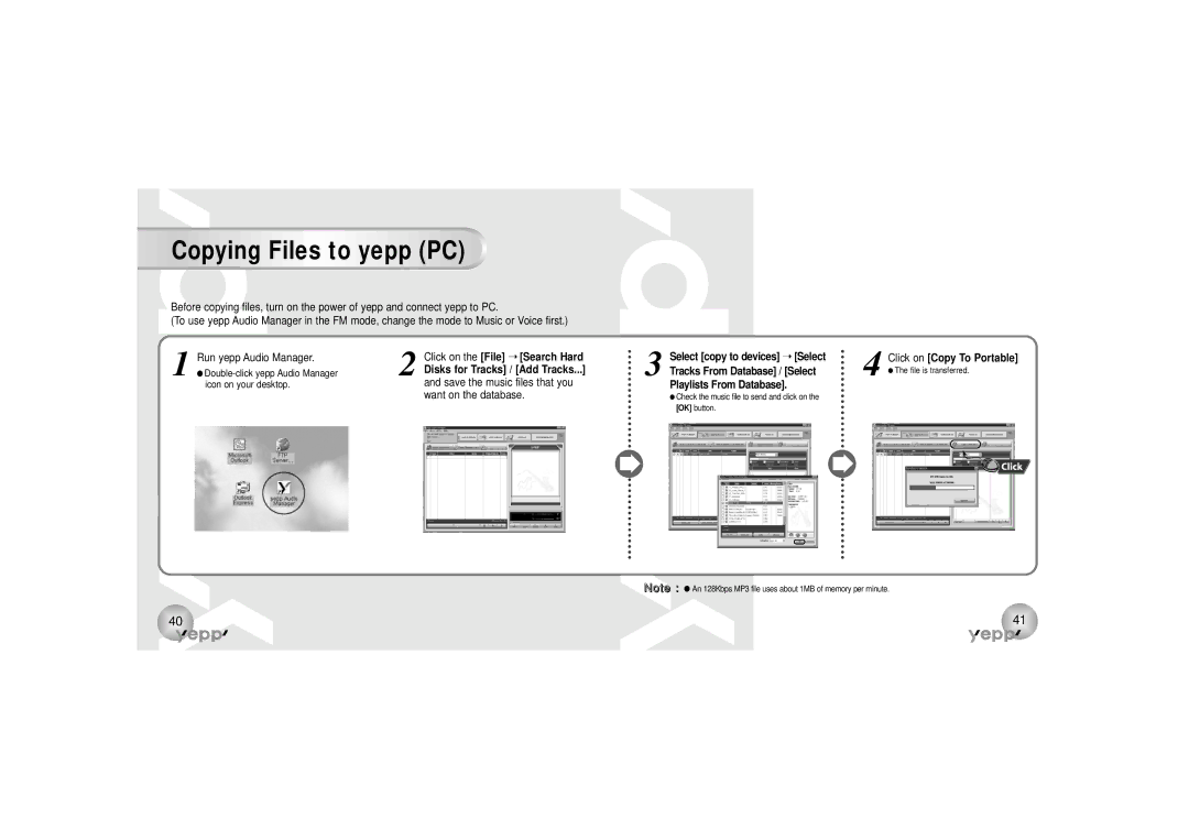 Samsung YP-90S, YP-90H manual Click on the File Search Hard Disks for Tracks / Add Tracks, Select copy to devices Select 