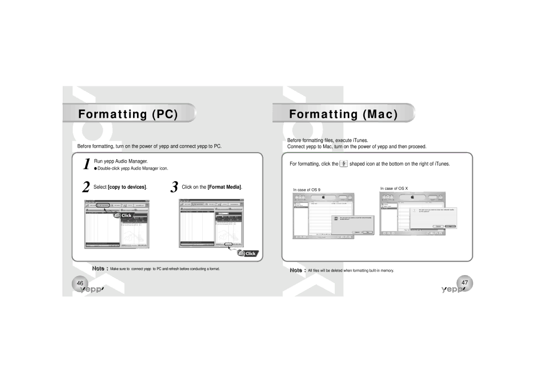 Samsung YP-90H, YP-90S manual Formatting PC, Formatting Mac, Double-click yepp Audio Manager icon 