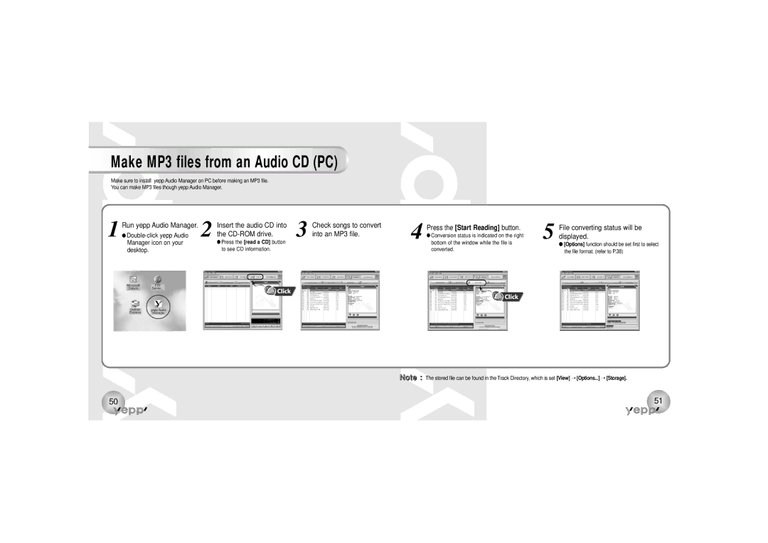 Samsung YP-90H, YP-90S Insert the audio CD into, CD-ROM drive Into an MP3 file, File converting status will be displayed 