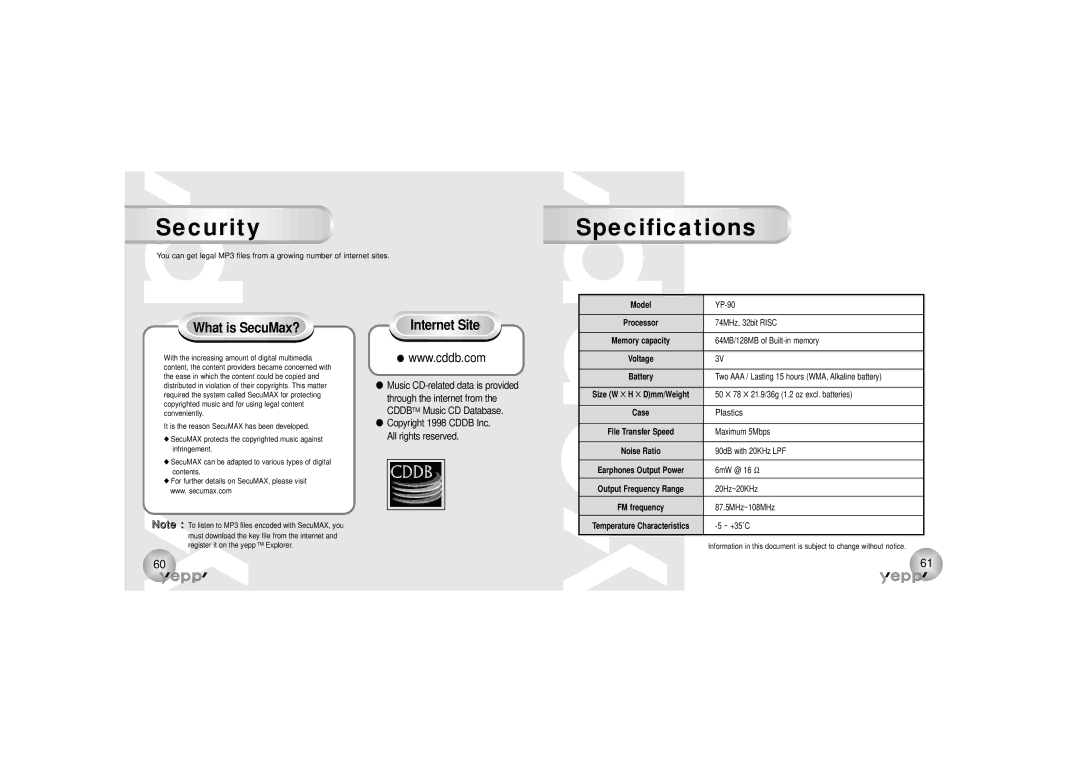 Samsung YP-90S, YP-90H manual SecuritySpecifications, Copyright 1998 Cddb Inc. All rights reserved, Plastics 