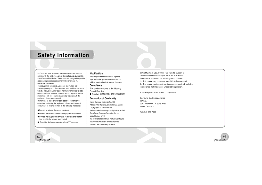 Samsung YP-90H, YP-90S manual Safety Information, Modifications, Compliance, Declaration of Conformity 