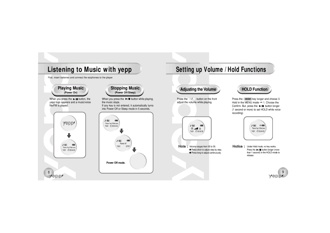 Samsung YP-90S, YP-90H manual Listening to Music with yepp, Adjusting the Volume Hold Function 