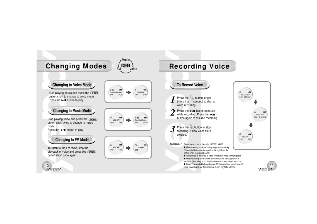 Samsung YP-90H, YP-90S manual Changing Modes Recording Voice, Changing to Voice Mode, Changing to Music Mode 