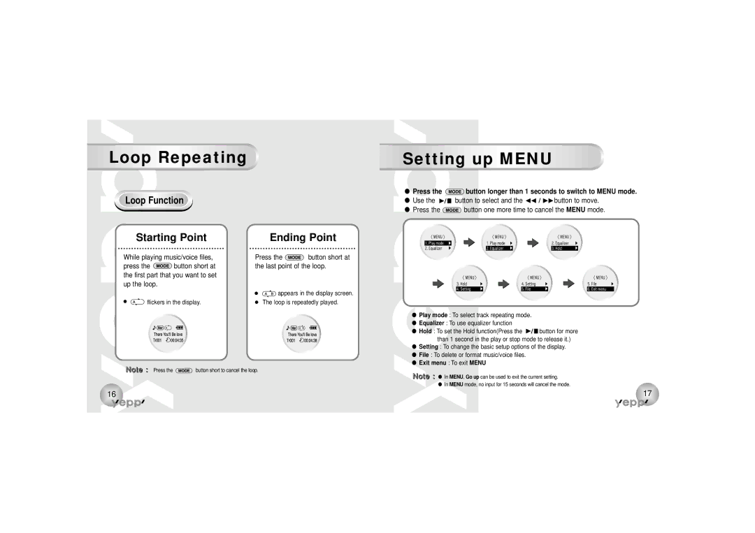 Samsung YP-90S, YP-90H manual Loop Repeating Setting up Menu, Loop Function 