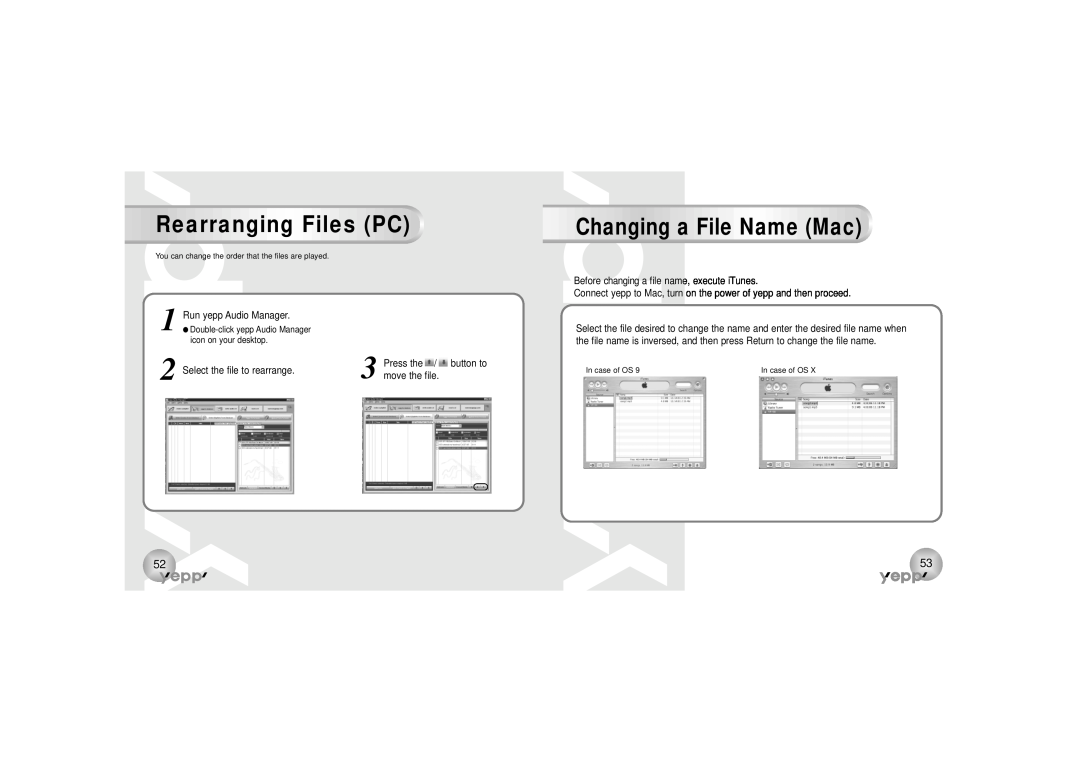 Samsung YP-90S, YP-90H manual Rearranging Files PC, Changing a File Name Mac 