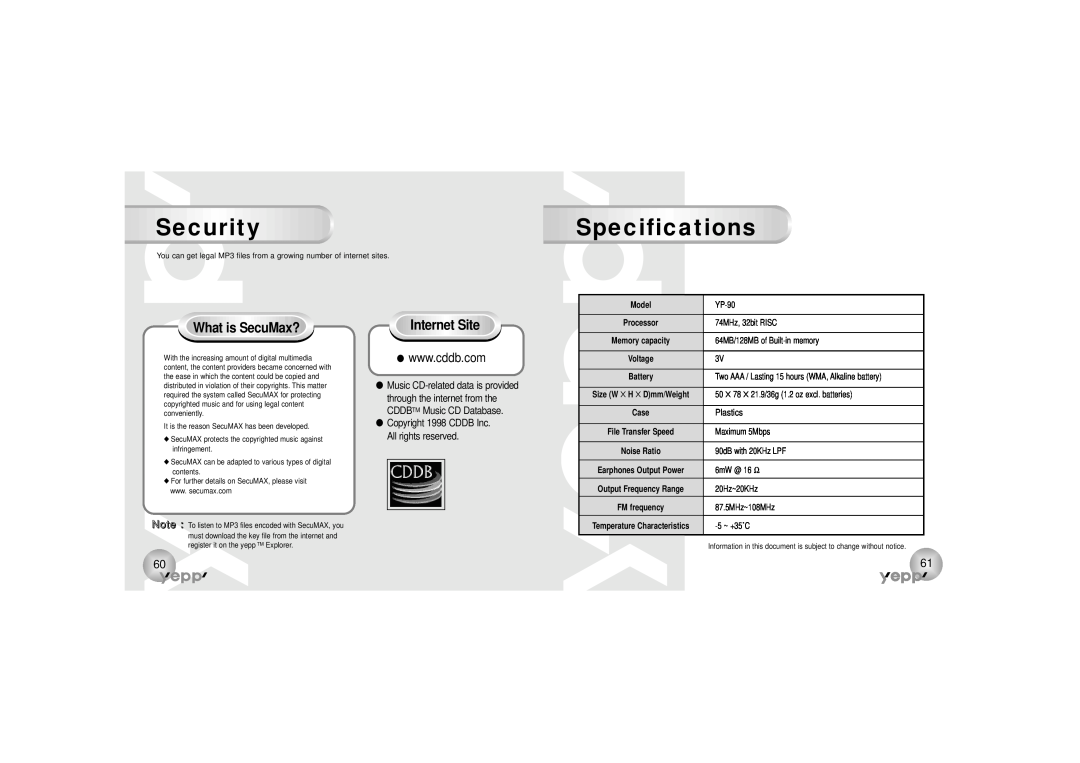 Samsung YP-90S, YP-90H manual SecuritySpecifications, What is SecuMax?, Internet Site 
