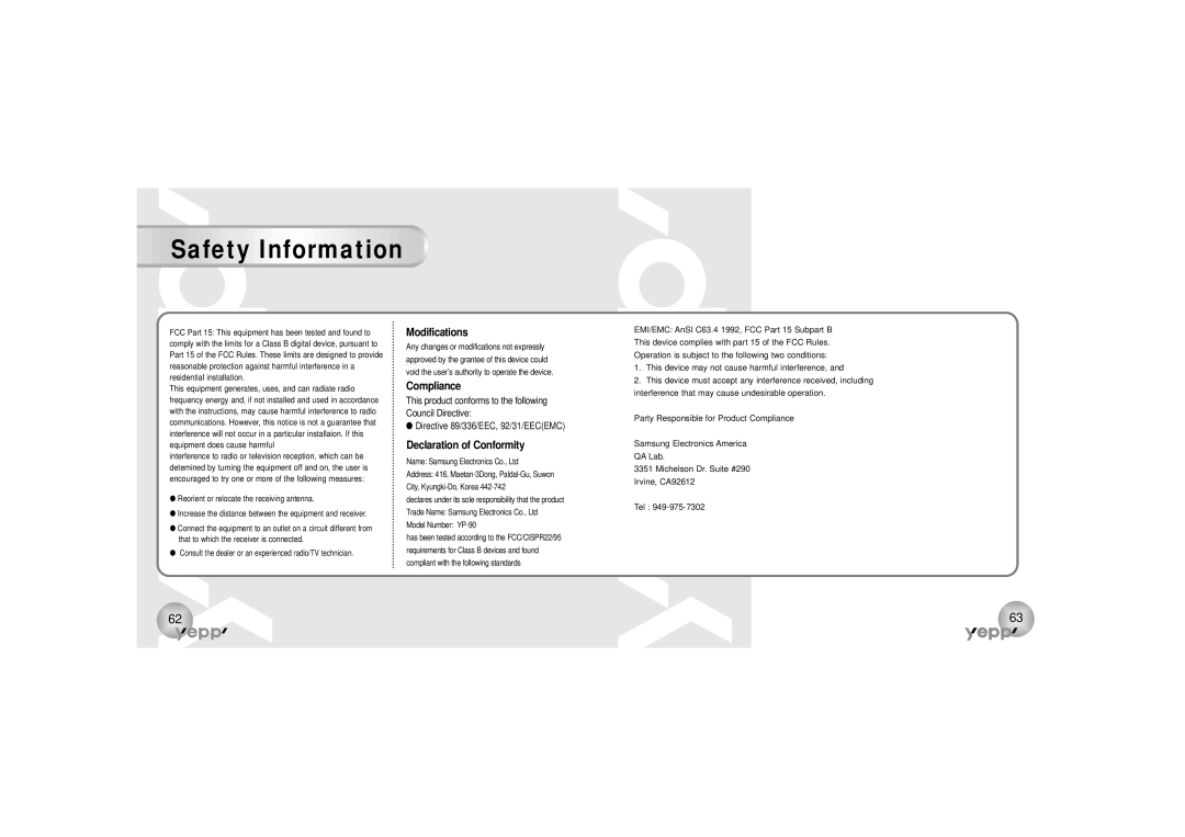 Samsung YP-90H, YP-90S manual Safety Information, Modifications, Compliance, Declaration of Conformity 