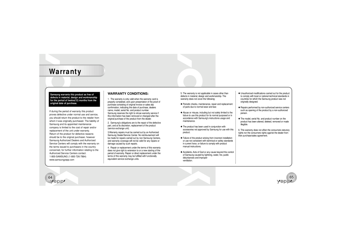Samsung YP-90S, YP-90H manual Warranty Conditions 
