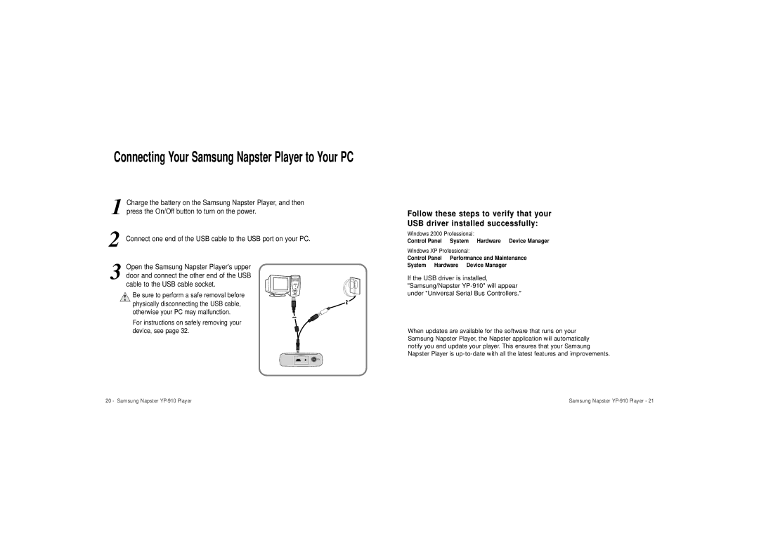 Samsung YP-910 user manual Connecting Your Samsung Napster Player to Your PC 