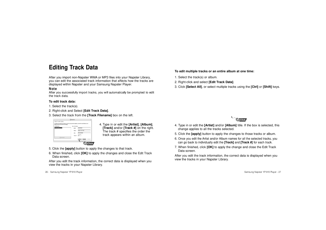 Samsung YP-910 user manual Editing Track Data, To edit track data, To edit multiple tracks or an entire album at one time 