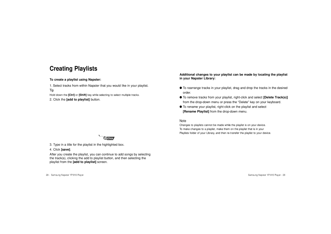 Samsung YP-910 user manual Creating Playlists, To create a playlist using Napster, Tip 