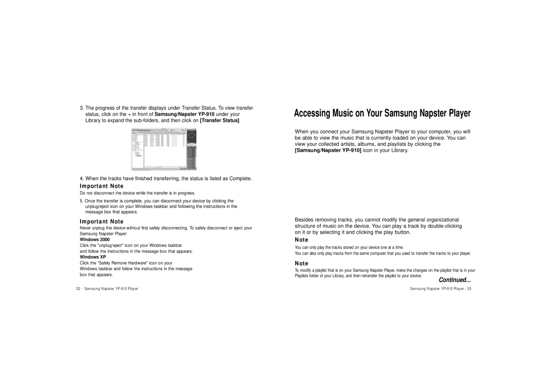 Samsung YP-910 user manual Important Note, Windows 