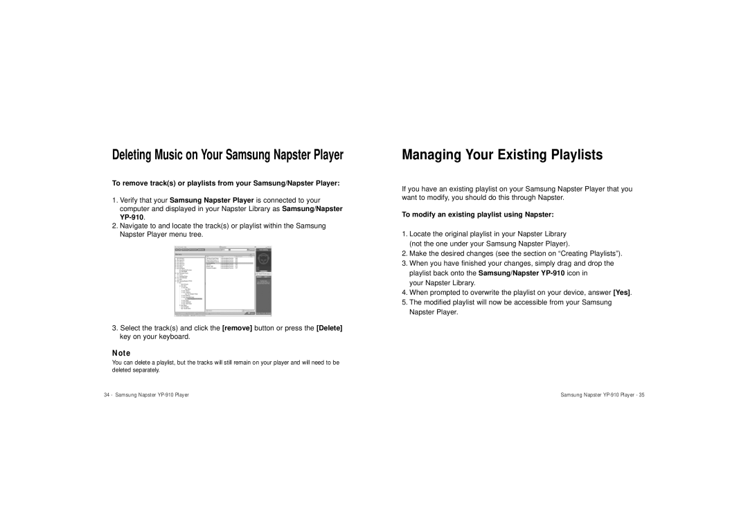 Samsung YP-910 user manual Managing Your Existing Playlists, To modify an existing playlist using Napster 