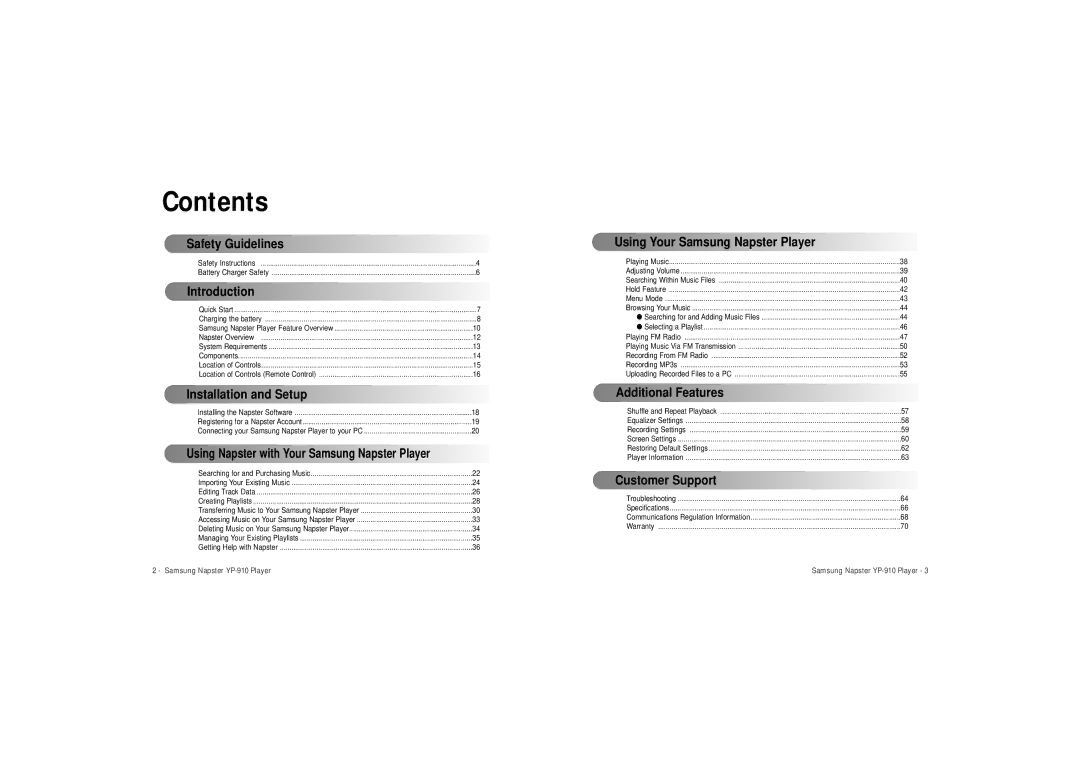 Samsung YP-910 user manual Contents 