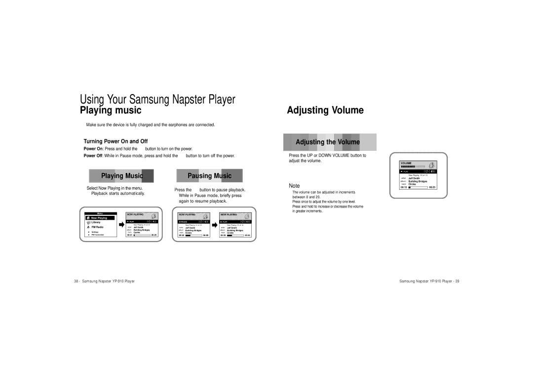 Samsung YP-910 user manual Playing music, Adjusting Volume, Turning Power On and Off 