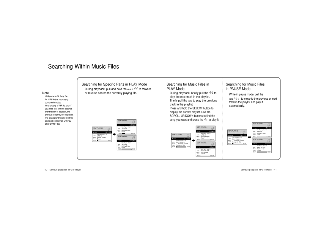 Samsung YP-910 user manual Searching Within Music Files, Searching for Specific Parts in Play Mode 