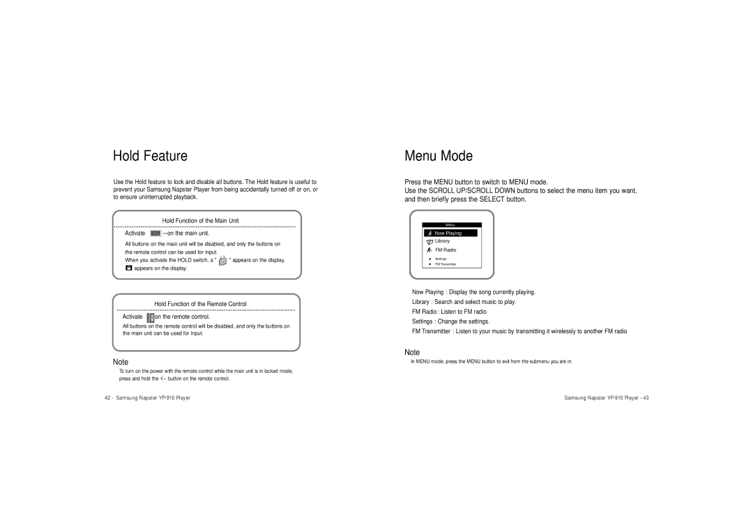 Samsung YP-910 user manual Hold Feature, Menu Mode 