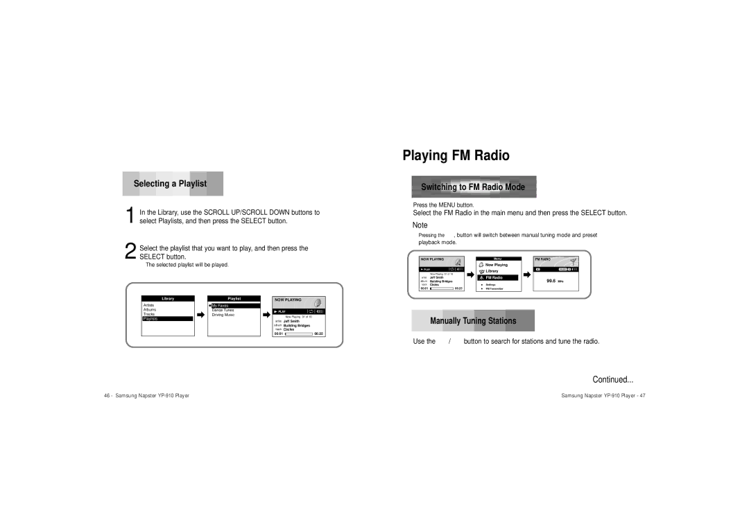 Samsung YP-910 user manual Playing FM Radio, Selecting a Playlist, Switching to FM Radio Mode, Manually Tuning Stations 