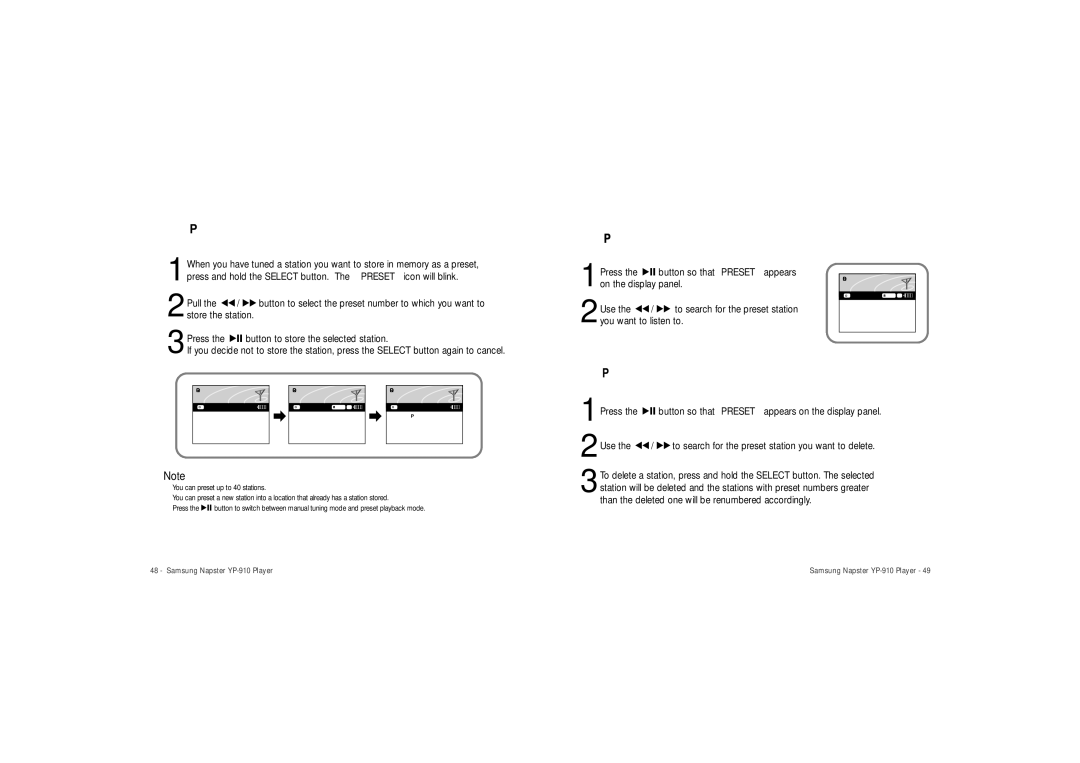 Samsung YP-910 user manual Presetting FM Stations 