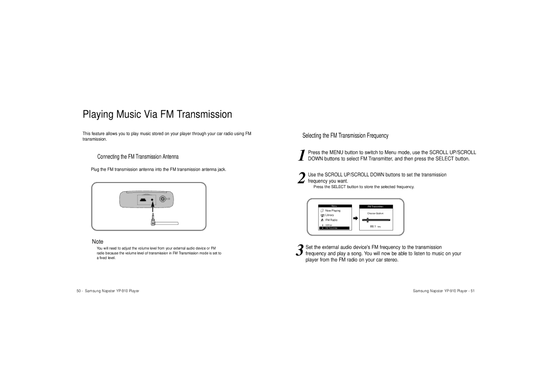 Samsung YP-910 user manual Playing Music Via FM Transmission, Selecting the FM Transmission Frequency 