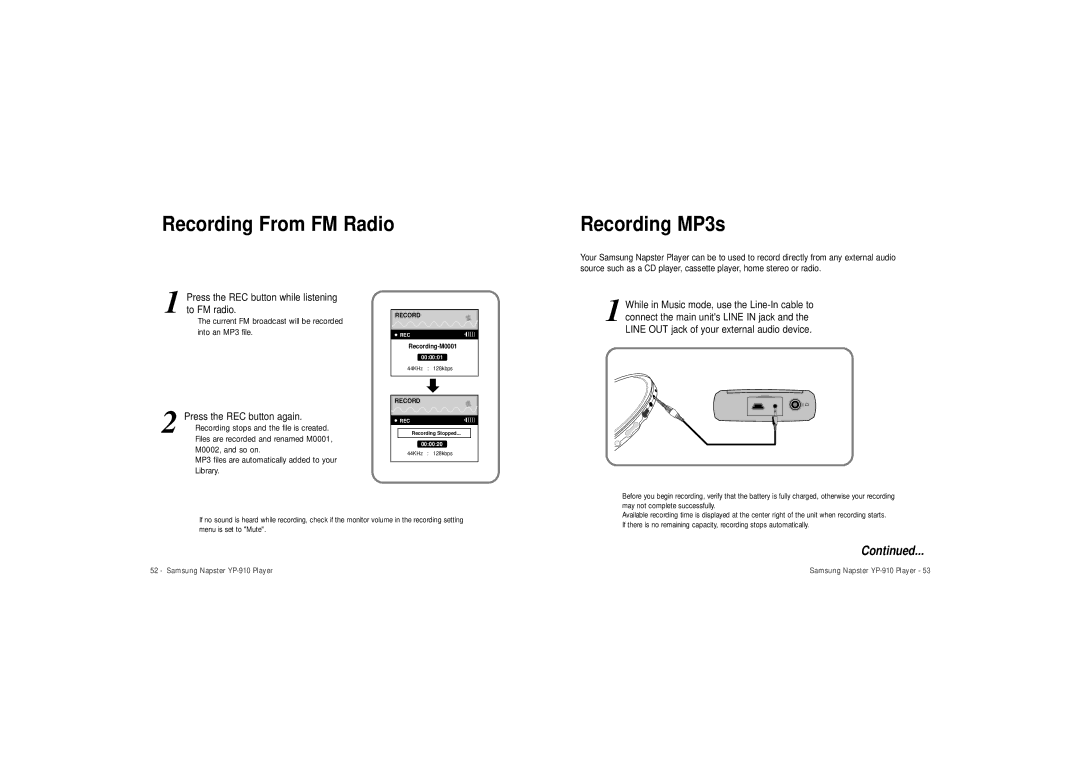 Samsung YP-910 user manual Recording From FM Radio, Recording MP3s 