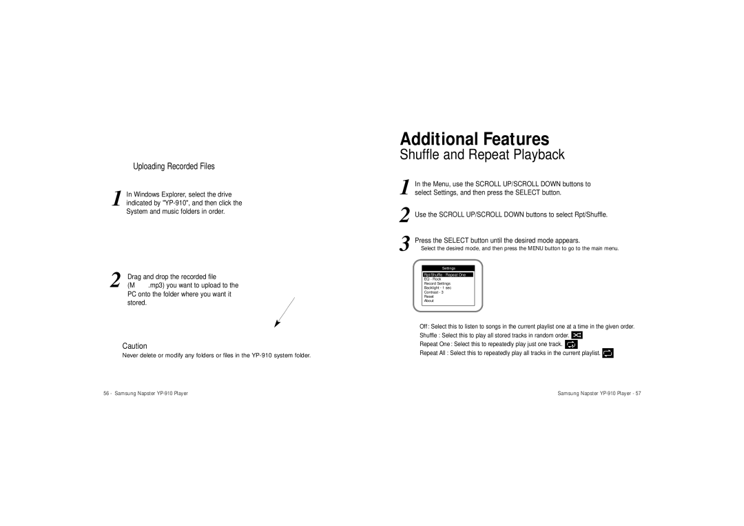 Samsung YP-910 user manual Shuffle and Repeat Playback, Uploading Recorded Files 