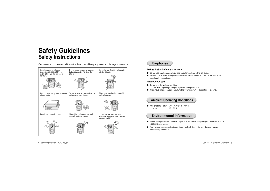 Samsung YP-910 user manual Safety Instructions, Ambient Operating Conditions 