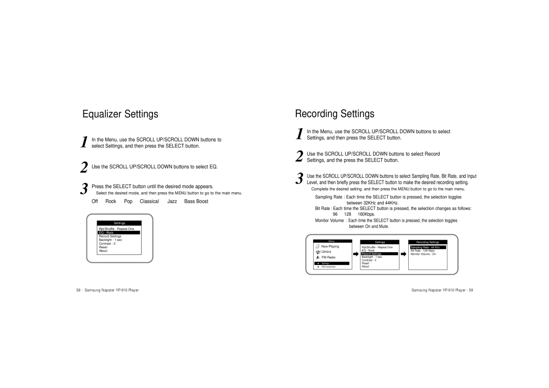 Samsung YP-910 user manual Equalizer Settings Recording Settings, Off Rock Pop Classical Jazz Bass Boost 